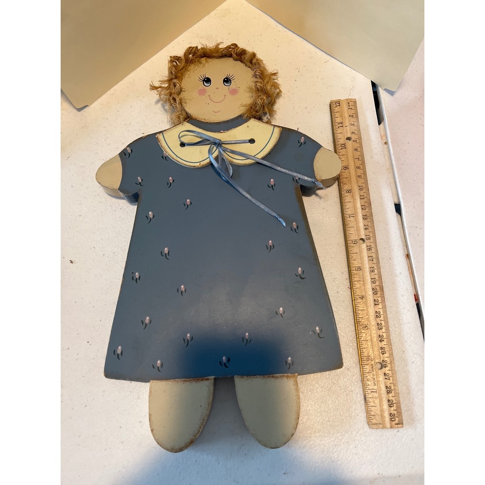 Vintage Primitive Wooden Doll Wall Plaque Hand Painted Folk Art Blue Dress 12"
